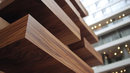Obraz premium A close-up of a wooden structure with a modern building in the background. The wooden planks are stacked in a geometric pattern, and the grain of the wood is visible.