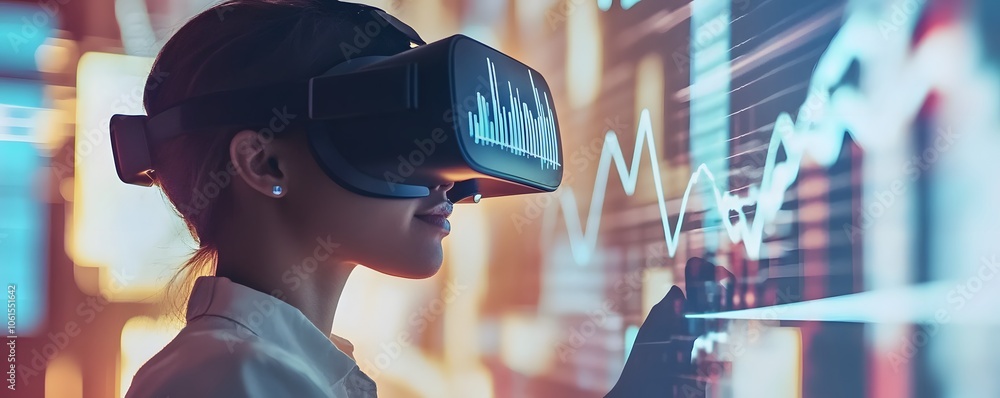 Poster a woman uses virtual reality technology to interact with data visuals, showcasing innovation in digi