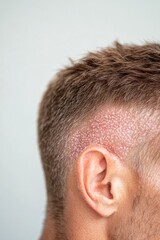 Obraz premium Initial stage of psoriasis on a man's head close-up. Dermatology. Remission stage. Red inflammations on the head