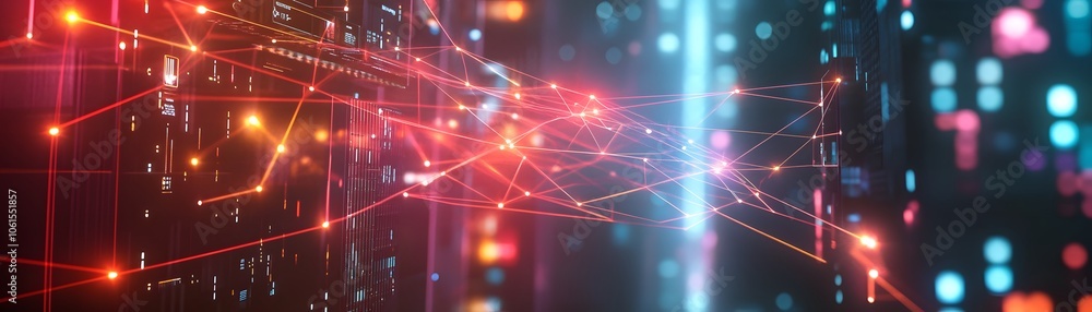 Poster abstract digital background with vibrant lines and glowing particles, representing data flow and adv