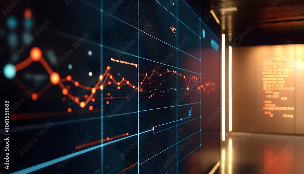 Poster abstract digital interface showcasing data trends and analytics with glowing lines and graphs in a m