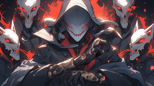 The masked antagonist with glowing red eyes, emits a cold laugh, colorful anime style