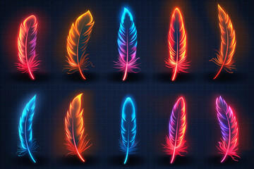 Neon icons, bird feather. Set of red, blue, yellow neon vector icon on darken transparent background
