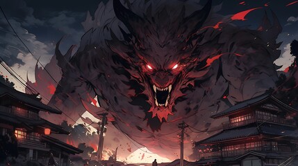 Fototapeta premium Horrible demon with fangs and claws, colorful anime style