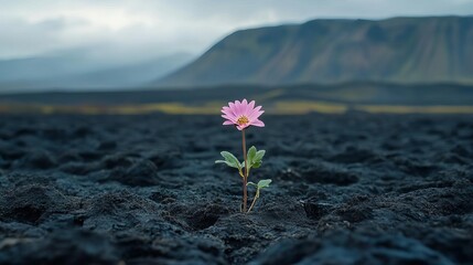 A lone flower growing in a barren landscape, representing perseverance, survival and beauty in difficult circumstances