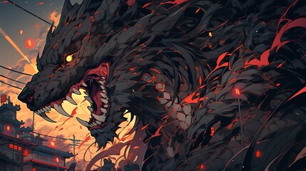 Horrible demon with fangs and claws, colorful anime style