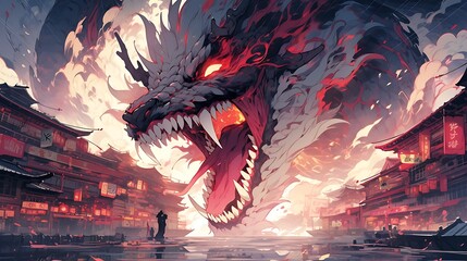 Horrible demon with fangs and claws, colorful anime style