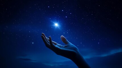 A hand reaching for a distant star in the night sky, capturing belief and hope for something greater