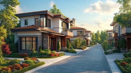Highly detailed modular homes in a luxury housing development, isolated on a clear backdrop