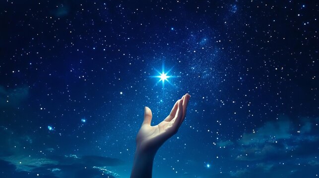 Fototapeta A hand reaching for a distant star in the night sky, capturing belief and hope for something greater