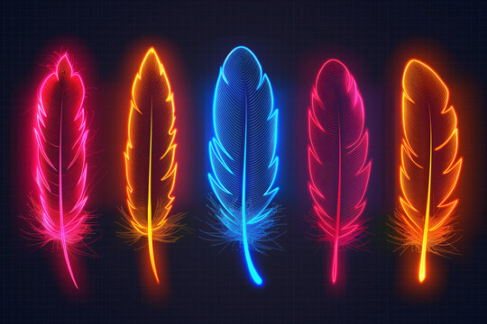 Neon icons, bird feather. Set of red, blue, yellow neon vector icon on darken transparent background
- Powered by Adobe