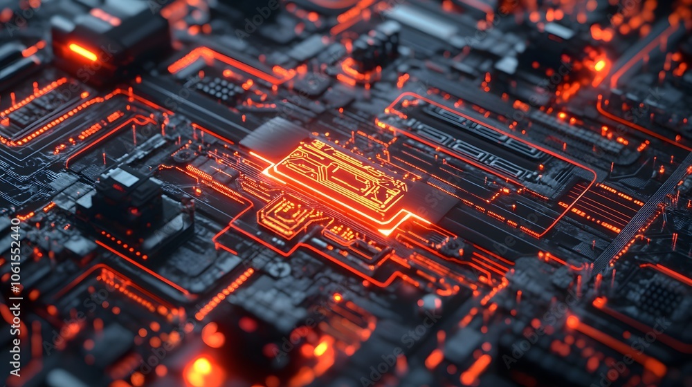 Poster close-up of a circuit board with glowing electronic components, showcasing intricate connections and