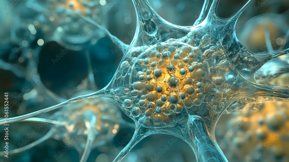 Poster close-up view of a neuron cell, highlighting its intricate structure and vibrant colors under a micr