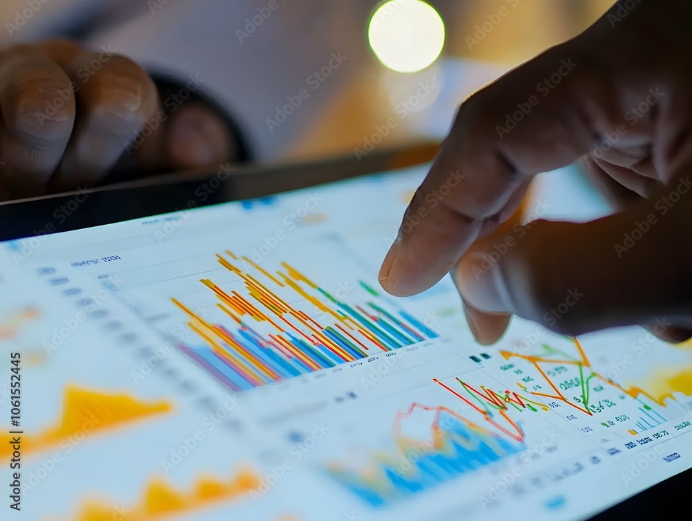 Aufkleber close-up of a hand interacting with digital data on a tablet, showcasing vibrant graphs and analytic