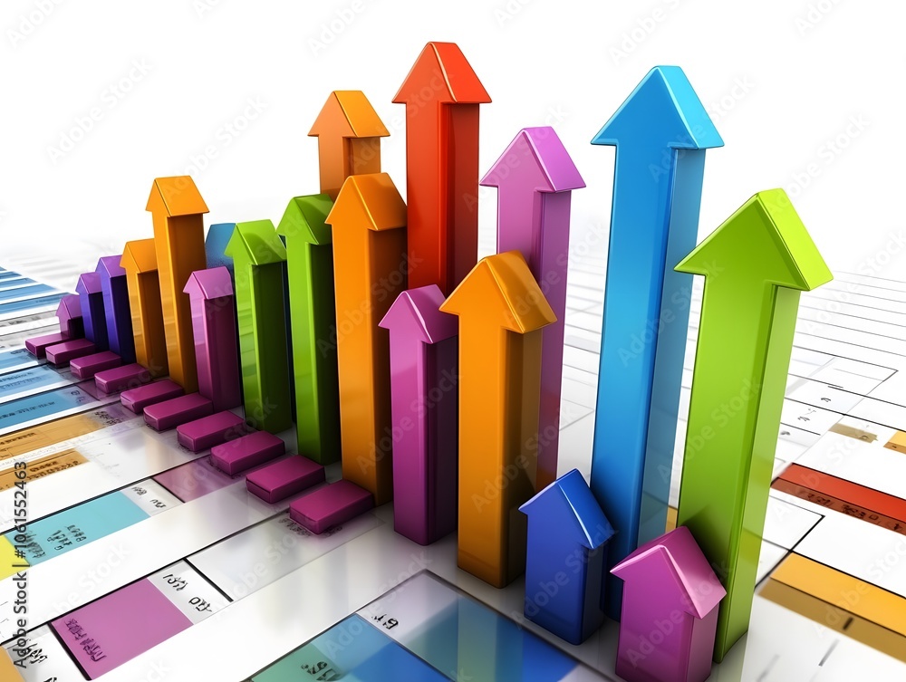 Poster colorful 3d bar graph representing data trends and growth with arrows pointing upwards on a backgrou