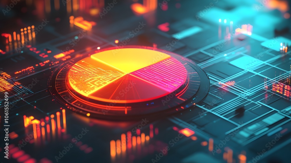 Poster colorful digital interface showcasing a pie chart with futuristic elements, representing data analys