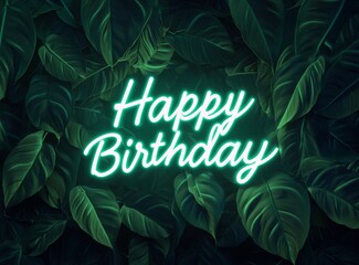 Neon sign reading "Happy Birthday" illuminating dark green foliage