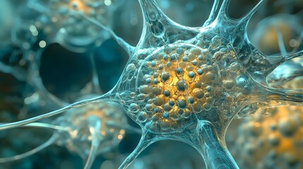 Close-up view of a neuron cell, highlighting its intricate structure and vibrant colors under a microscope.