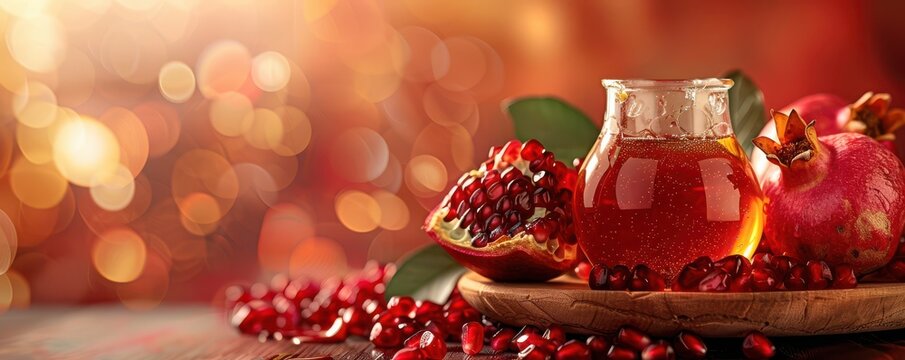 Festive Rosh Hashanah theme with pomegranates and honey, symbolizing sweetness and prosperity for the new year. Free copy space for text.