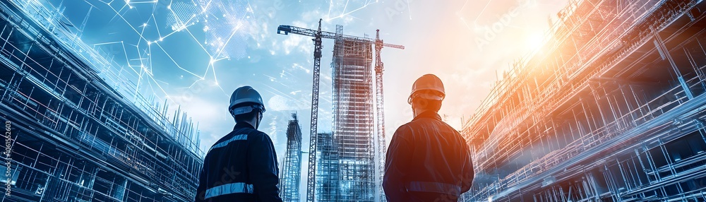 Poster construction workers observe a modern building site with digital technology elements, illustrating i