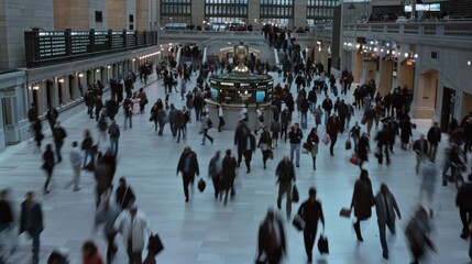 A bustling train station teems with people rushing to destinations, illustrating the energy and pace of urban life.
