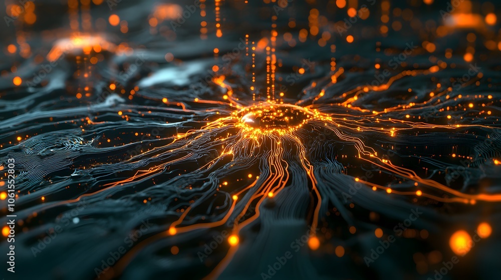 Poster futuristic abstract background with glowing orange lines radiating from a central point, creating a 