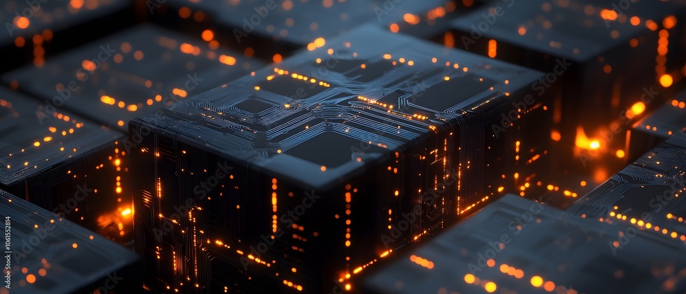 Poster futuristic abstract design featuring glowing cubes and intricate patterns, ideal for technology and 