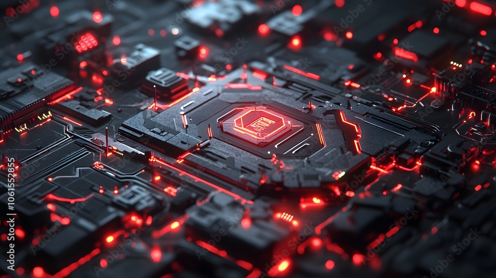 Poster futuristic circuit board design with glowing red lights, showcasing advanced technology and intricat