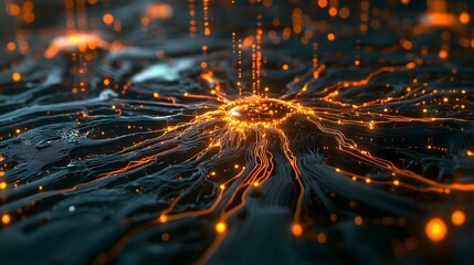 Futuristic abstract background with glowing orange lines radiating from a central point, creating a dynamic and energetic visual effect.