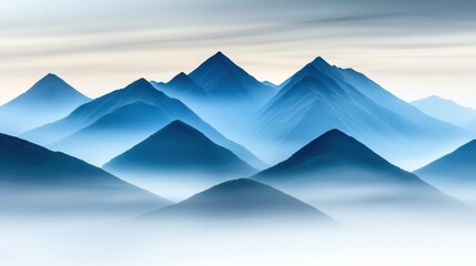 Majestic blue mountains rise above a sea of mist, creating a serene and ethereal landscape, AI