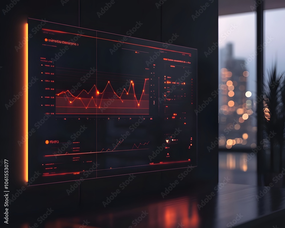 Poster futuristic data visualization on a digital screen, showcasing analytics with vibrant red colors agai