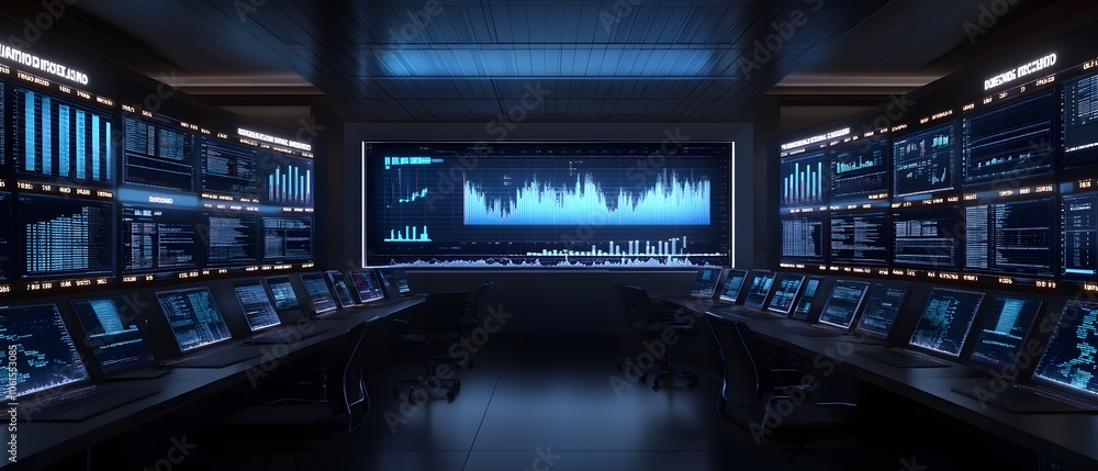 Poster futuristic control room with advanced monitors and data visualizations, ideal for technology and inn