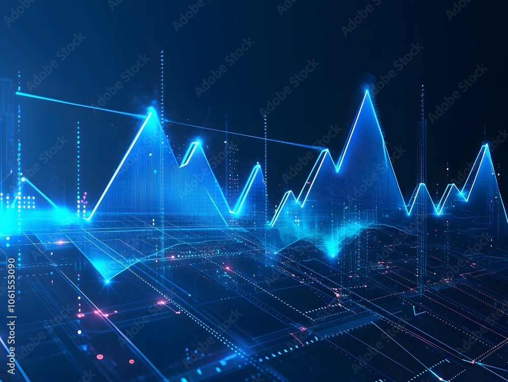 Poster futuristic data visualization with glowing blue lines and peaks, representing analytics and technolo