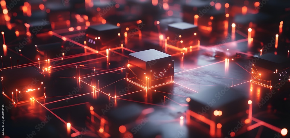 Poster futuristic digital network with glowing blocks and lines, showcasing technology and innovation in a 