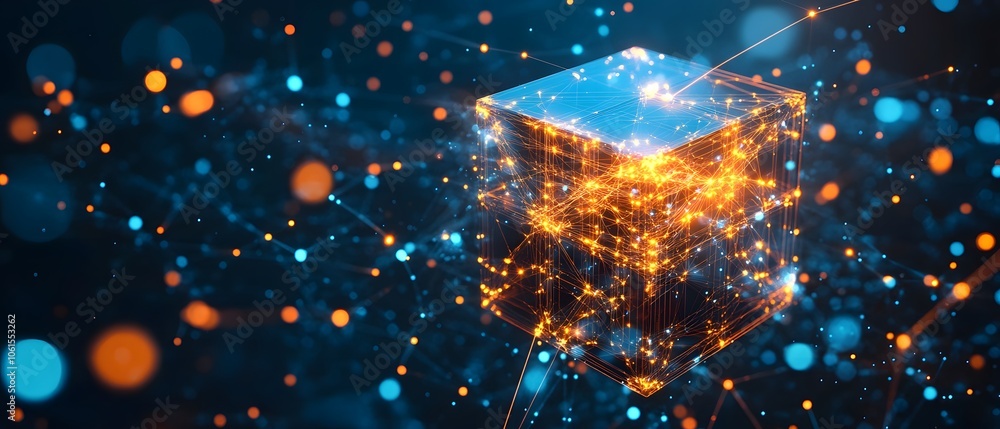 Aufkleber futuristic glowing cube amidst a web of colorful particles, representing digital technology and inno