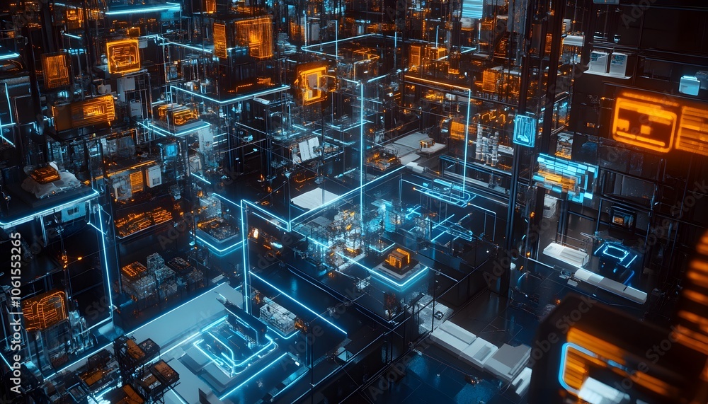 Poster futuristic digital landscape showcasing a network of glowing circuits and data blocks, perfect for t