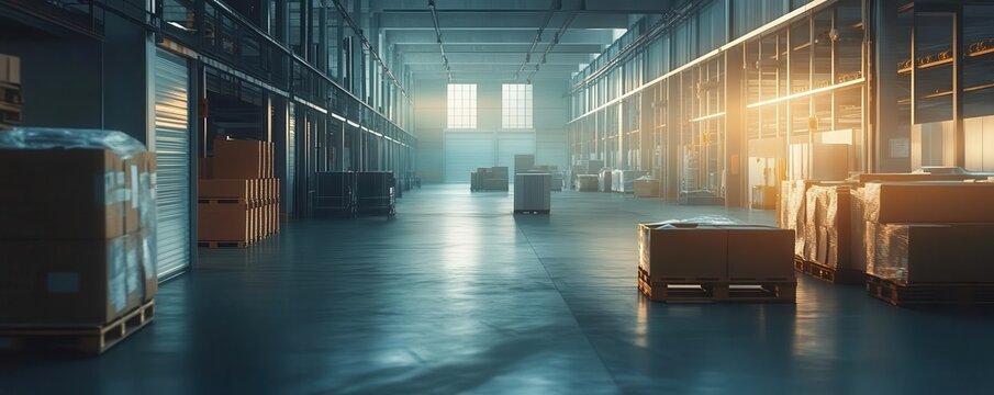 Warehouse with digital screens showing real-time inventory, tech-driven logistics