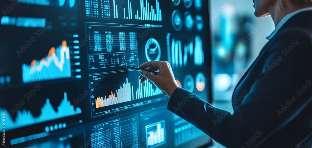 Poster professional analyzing data on a modern screen with graphs and charts, showcasing statistics and ins