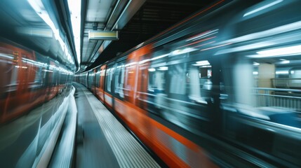 An orange metro train whizzes through a futuristic station, its speed blurring the surroundings and evoking a sense of dynamic urban movement.