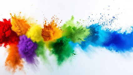 Color explosion with vivid rainbow powders on white surface.