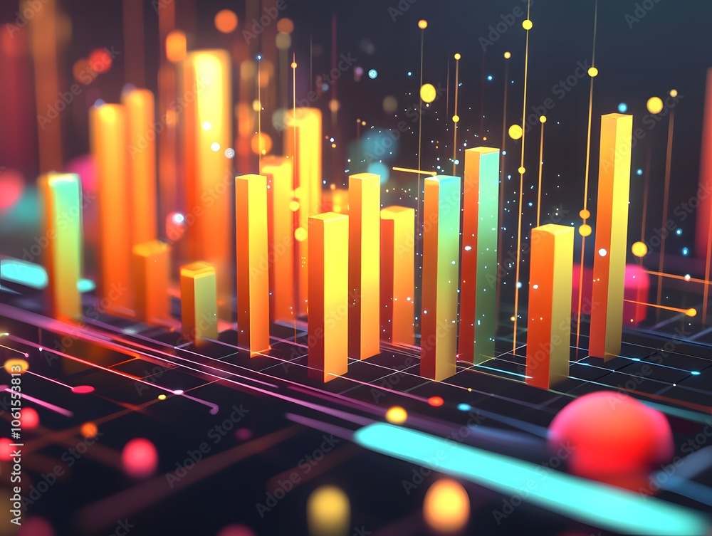 Poster stylish data visualization featuring vibrant bars and dynamic elements, perfect for illustrating ana