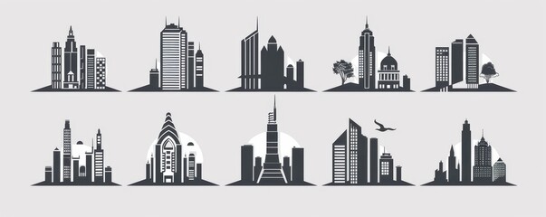 Naklejka premium Modern building logo designs, sleek and minimalist, ideal for real estate branding or architecture firms.