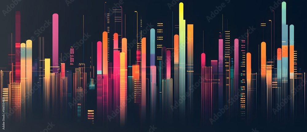 Poster vibrant abstract visualization with colorful bars representing data metrics and insights in a futuri