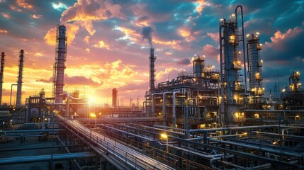 Dramatic sunset over a sprawling petrochemical refinery complex with towering silos pipelines and other industrial infrastructure silhouetted against a vibrant colorful sky
