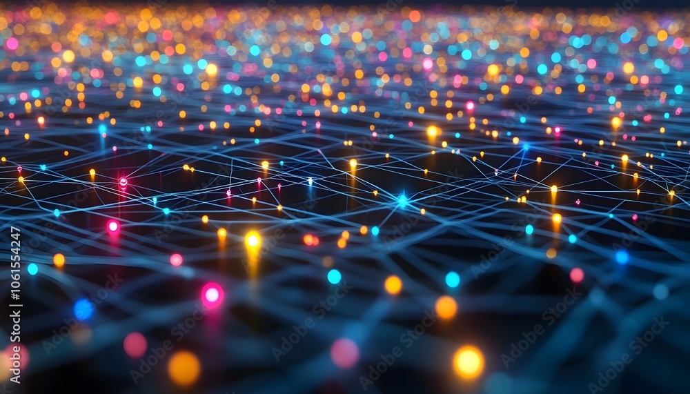 Poster vibrant network of colorful dots and lines, representing connectivity and technology in a dynamic di