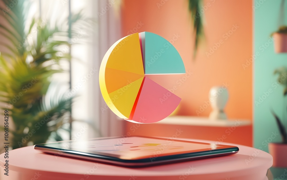 Poster vibrant pie chart floating above a tablet in a colorful room, symbolizing data visualization and mod