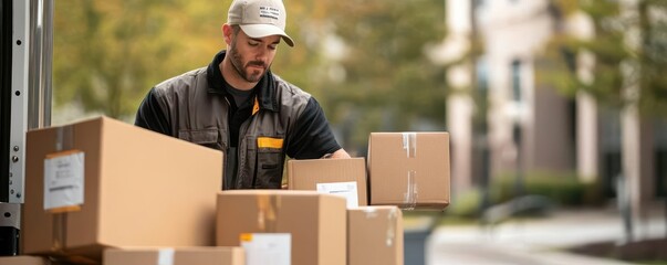 Worker loading boxes into truck, last-mile logistics, busy and organized