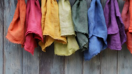 A row of colorful fabric swatches hangs on a weathered wood panel, showcasing a variety of textures...