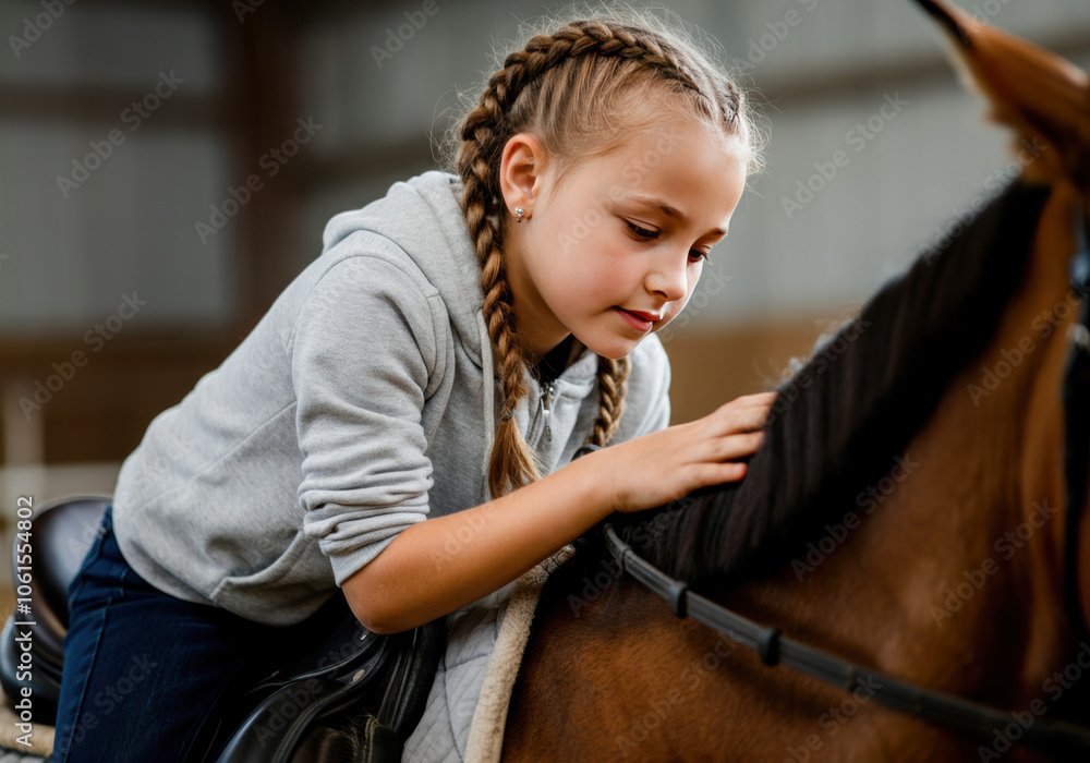 Wall mural Young girl gently bonding with a brown horse in an indoor riding arena during a sunny afternoon