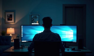 A man is sitting in front of two computer monitors illuminated by dim light in a darkened room filled with shadows around him